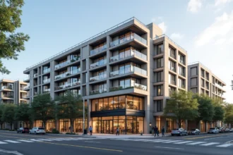Immeuble mixte bureaux commerces et logements en centre-ville développé par Urban Group avec façade en verre et béton