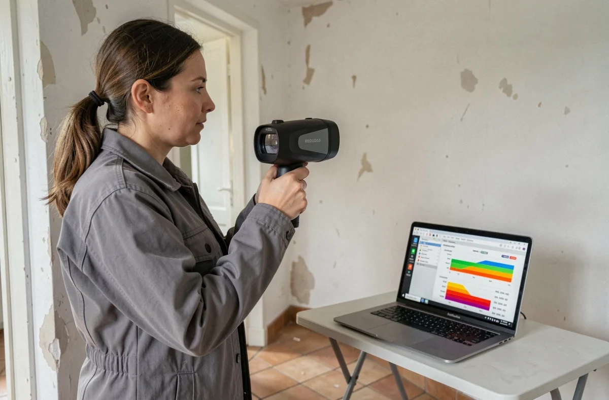 Diagnostiqueure d'Immo Diagnostics et Expertises utilisant une caméra thermique dans une maison