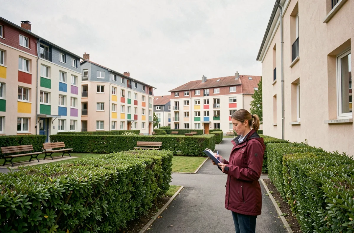 Résidence sociale bien entretenue gérée par Immobilière 3F en Seine-Saint-Denis avec jardin collectif et espaces communs soignés