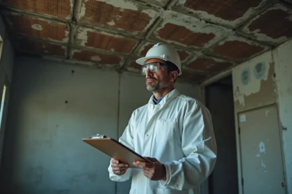 Inspecteur en combinaison de protection examinant un plafond amianté dans un bâtiment ancien lors d'un diagnostic de désamiantage