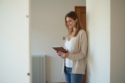 Femme inspectant un appartement neuf avec un carnet
