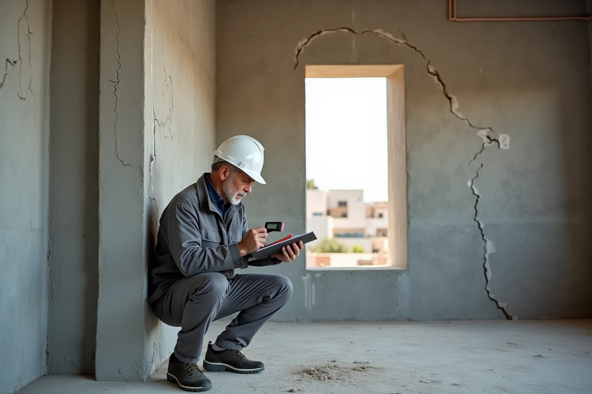 Un inspecteur en bâtiment examine les fissures et l'humidité d'un appartement à Agadir lors d'une inspection immobilière professionnelle