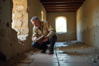Homme inspectant les murs en pierre d'une maison abandonnée pour évaluer l'état structurel avant achat