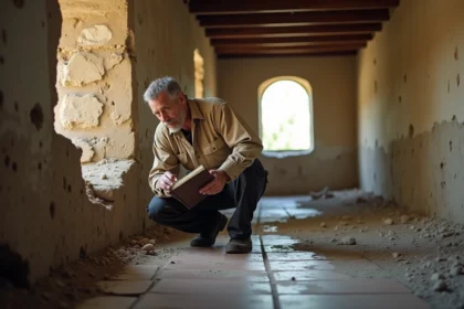 Homme inspectant les murs en pierre d'une maison abandonnée pour évaluer l'état structurel avant achat