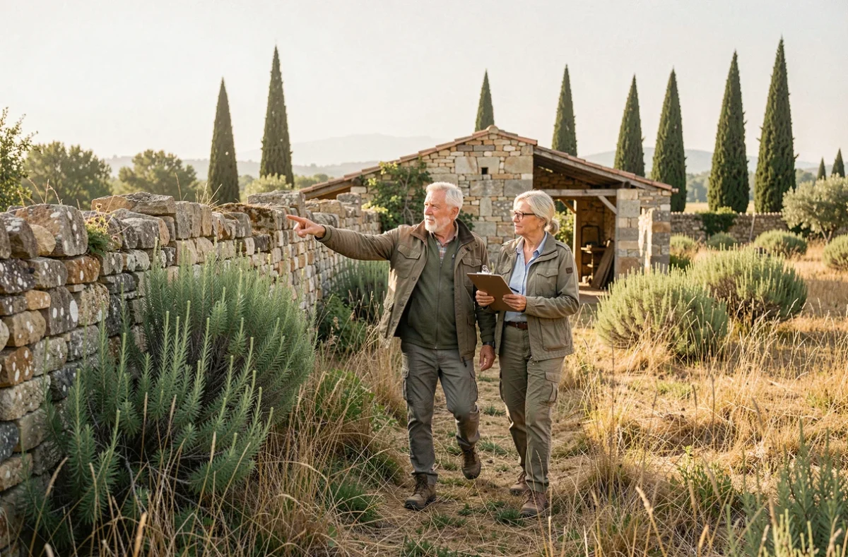 Couple inspectant le terrain d'une maison abandonnée à donner en Provence pour en vérifier la gratuité