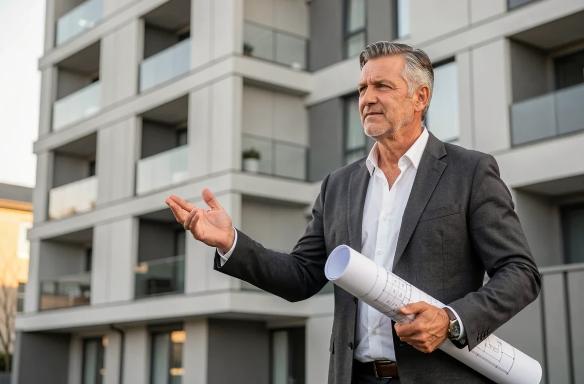 Architecte professionnel devant un immeuble résidentiel moderne construit par Interconstruction en Seine-Saint-Denis
