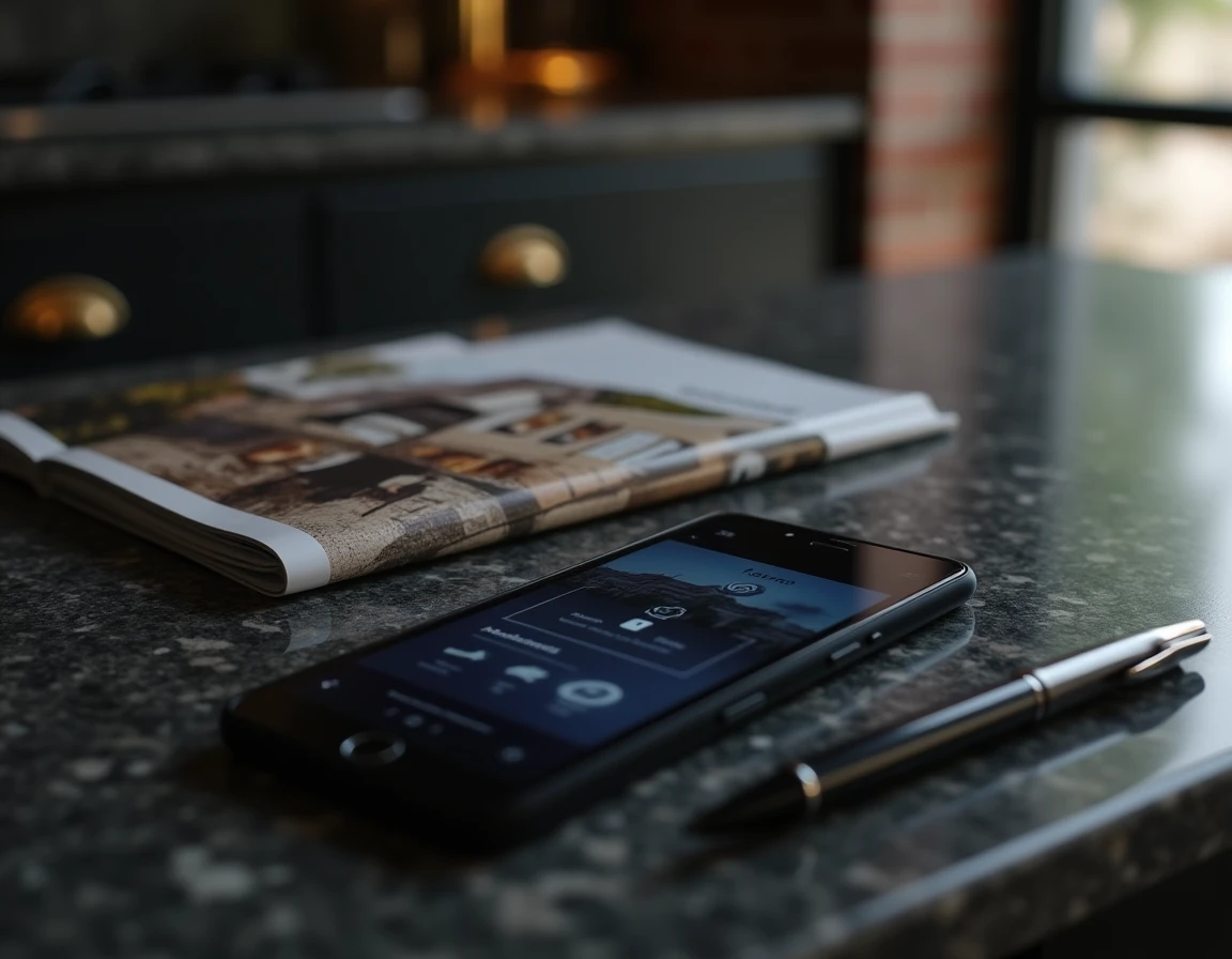Interface sécurisée d'accès confidentiel à une annonce immobilière de prestige sur smartphone avec brochure exclusive