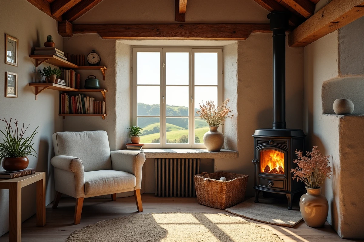 Intérieur chaleureux d'une petite maison normande avec vue mer depuis la fenêtre, ambiance retraite authentique