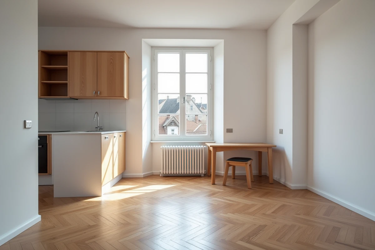 Intérieur d'un studio meublé vide à louer à La Roche-sur-Yon avec parquet et grande fenêtre