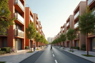 Rue résidentielle moderne du quartier Montaudran-Lespinet à Toulouse avec immeubles contemporains aux façades en terre cuite