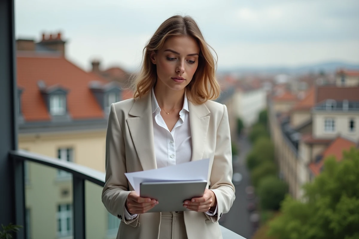 Jeune investisseuse immobilière sur un balcon d'appartement rénové à Toulouse avec vue sur le quartier Lespinet