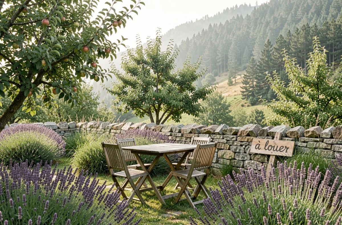 Jardin privatif d'une petite maison à louer entre particuliers dans les Hautes-Pyrénées, panneau à louer visible sur un mur en pierre
