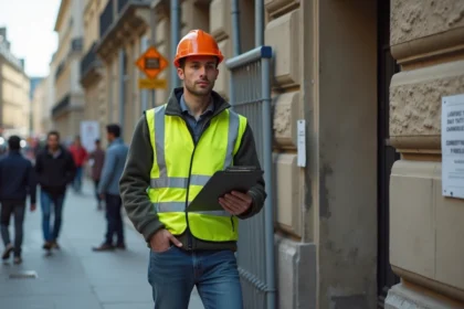 Jeune autoentrepreneur avec casque sur un chantier parisien