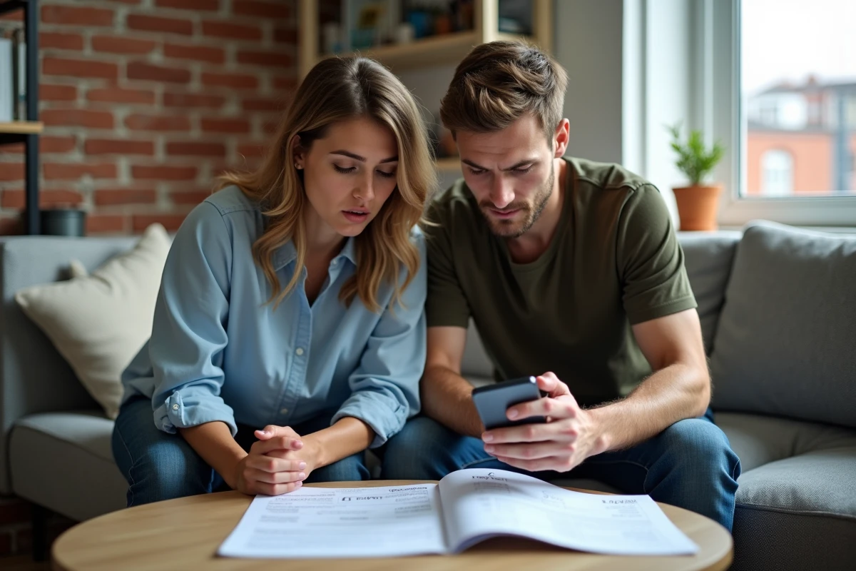 Jeune couple étudiant leur contrat de location et leur budget face à la hausse des loyers dans un studio urbain