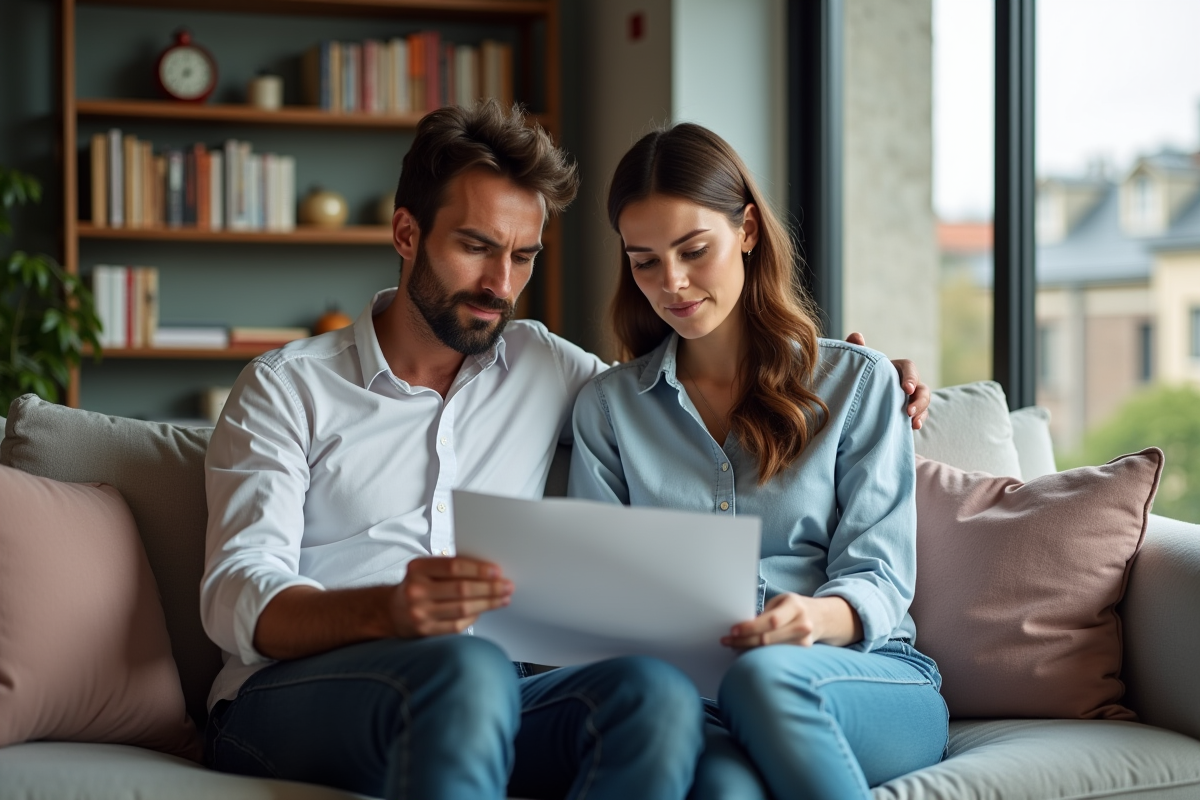 Jeune couple regardant des factures dans un salon cosy
