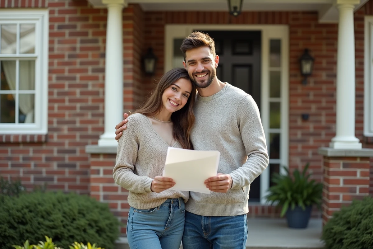Jeune couple devant une maison avec dossier financier