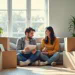 Jeune couple dans un salon lumineux avec cartons et tablette