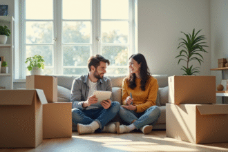 Jeune couple dans un salon lumineux avec cartons et tablette