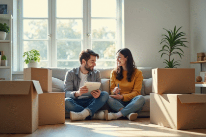 Jeune couple dans un salon lumineux avec cartons et tablette