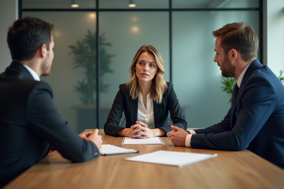 Jeune femme entrepreneure discutant avec banquiers en réunion