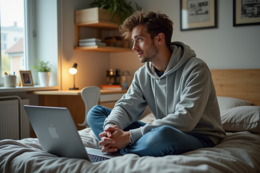Étudiant assis sur son lit dans une chambre d'étudiant simple
