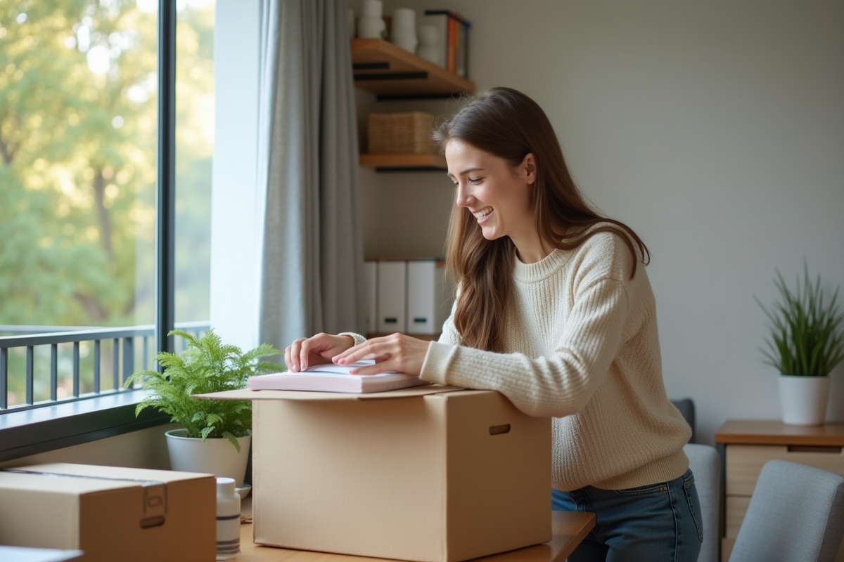 Étudiante déballant ses affaires dans un appartement neuf