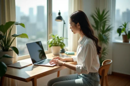 Jeune femme asiatique travaillant sur un ordinateur dans un appartement à Bangkok