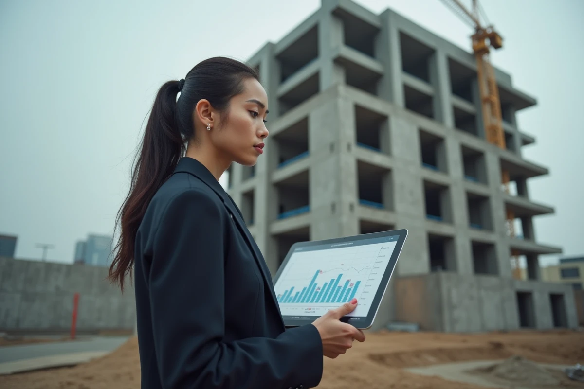 Jeune femme d affaires tenant une tablette sur un chantier