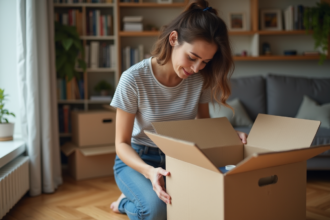 Jeune femme emballant des livres dans une boîte dans un salon
