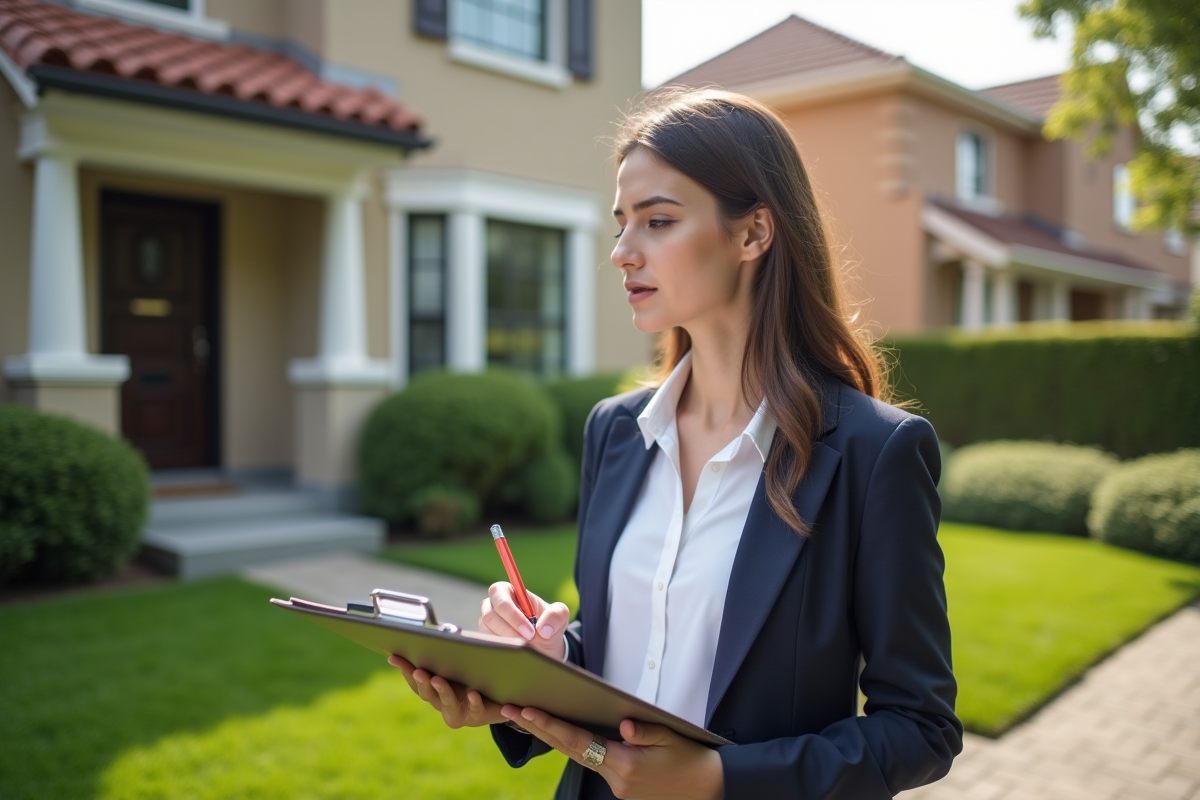 Jeune femme inspectant une façade de maison extérieure