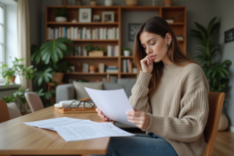 Jeune femme lisant documents d'assurance logement dans un appartement moderne