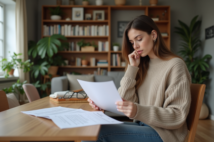 Jeune femme lisant documents d'assurance logement dans un appartement moderne
