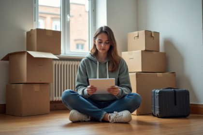 Jeune femme assise sur le sol d'un appartement en ville en pleine organisation