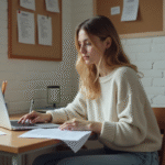 Jeune femme remplissant ses impots dans son appartement étudiant