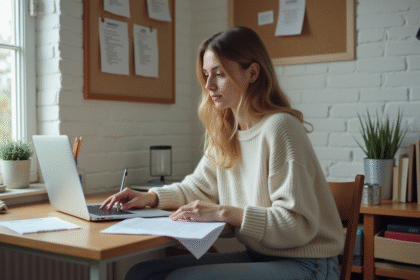 Jeune femme remplissant ses impots dans son appartement étudiant