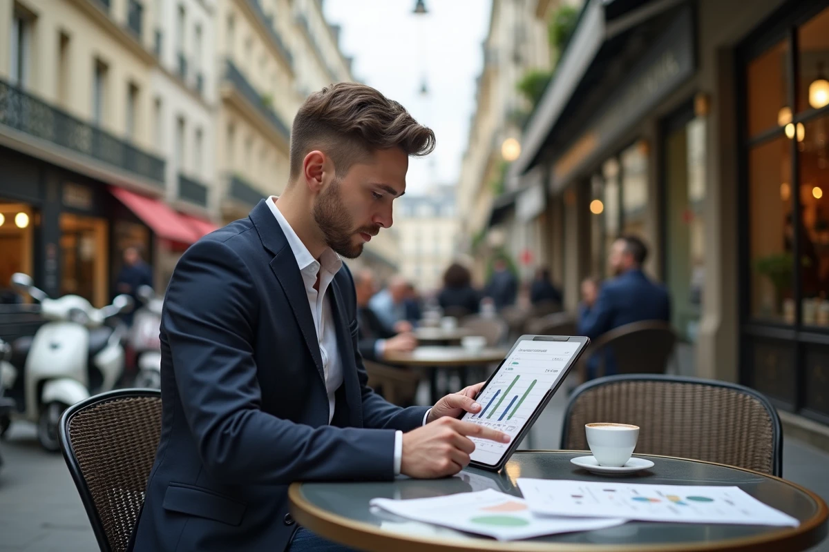 Jeune homme examinant un tableau de prix au café parisien