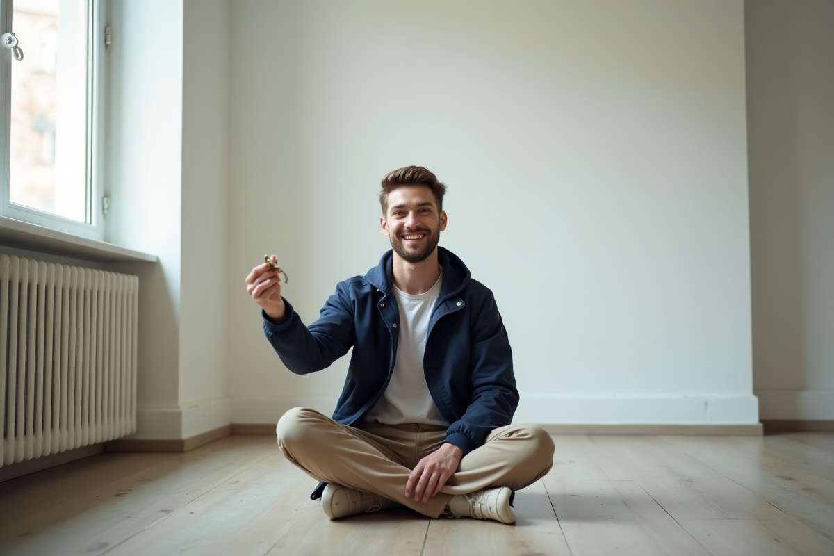 Jeune homme souriant avec une clé dans un appartement vide