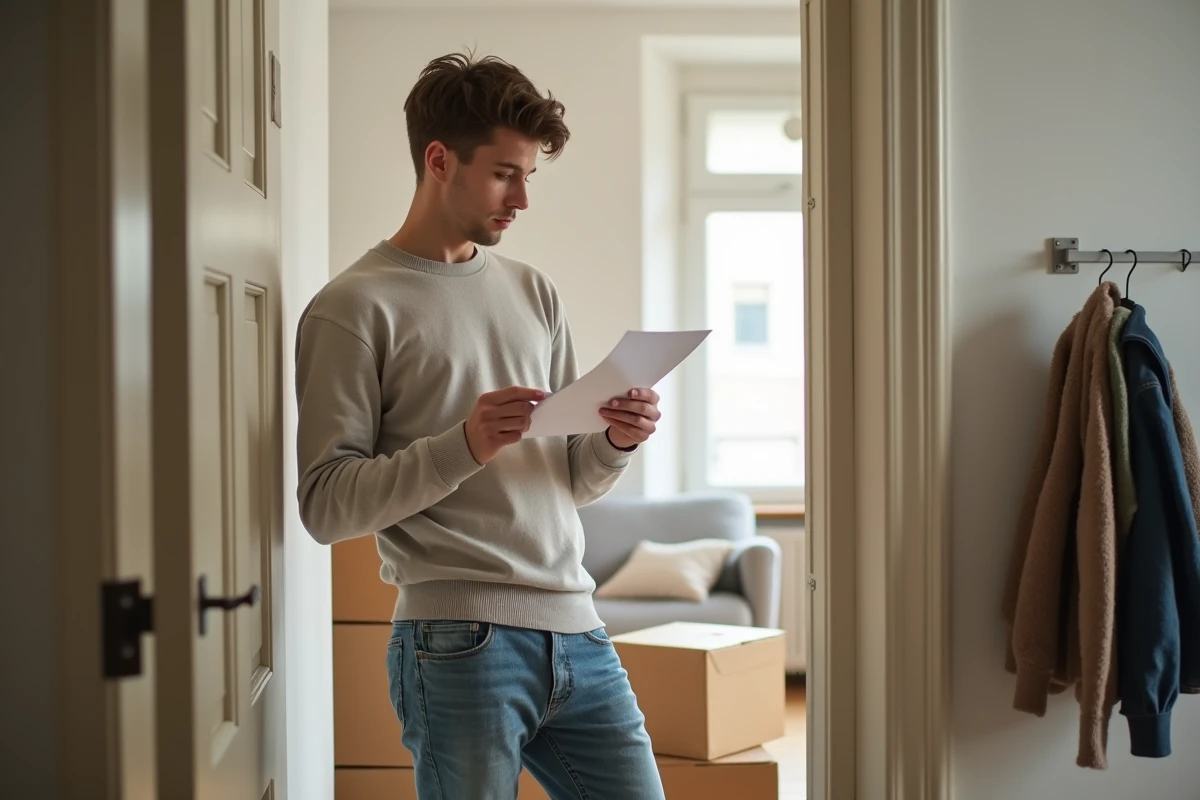 Jeune homme tenant une lettre de départ dans un couloir lumineux