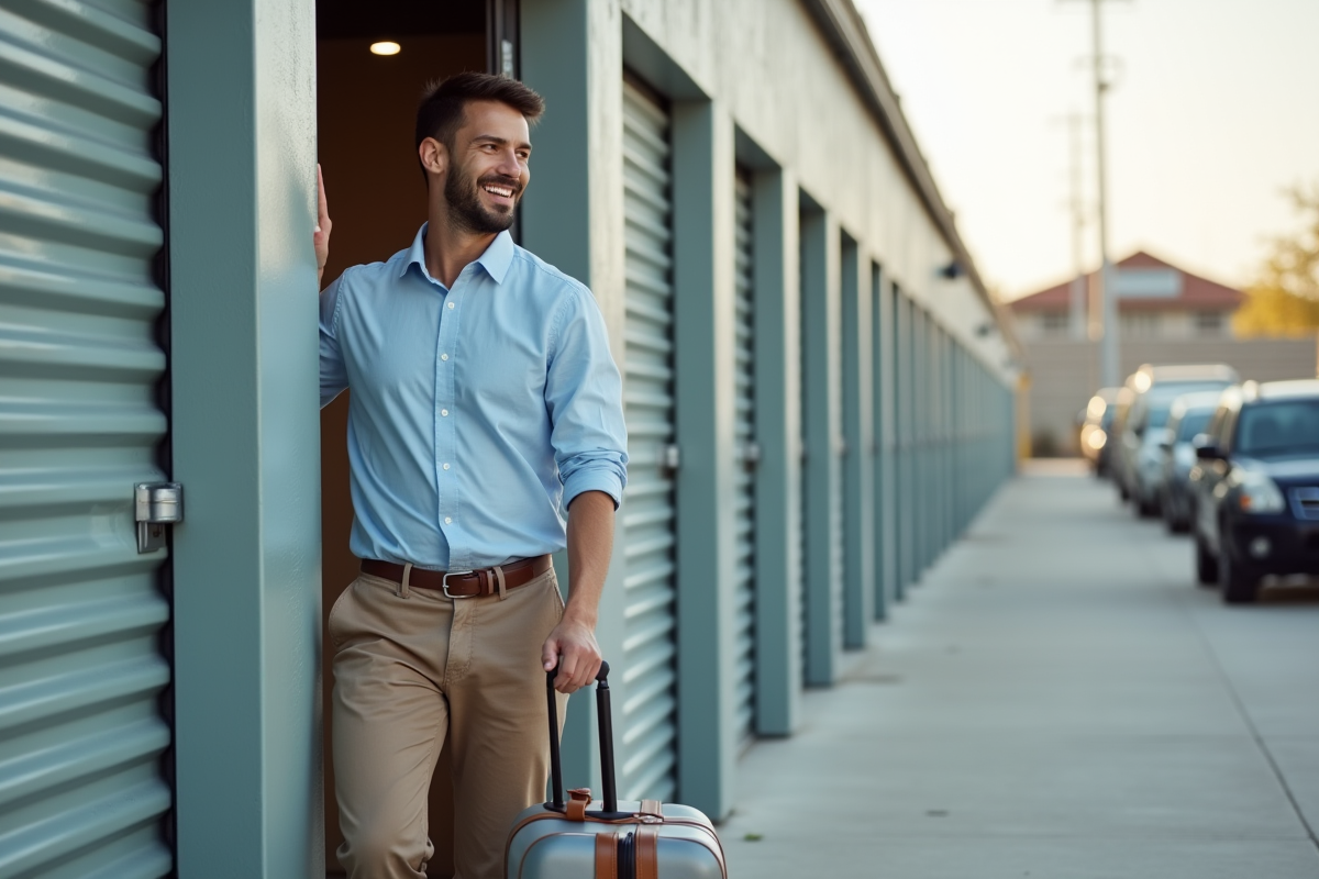 Jeune homme fermant la porte d’un box de stockage extérieur