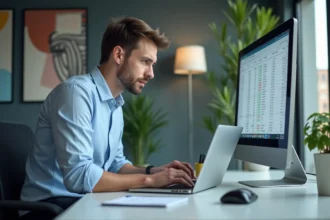 Jeune homme professionnel travaillant sur un ordinateur au bureau