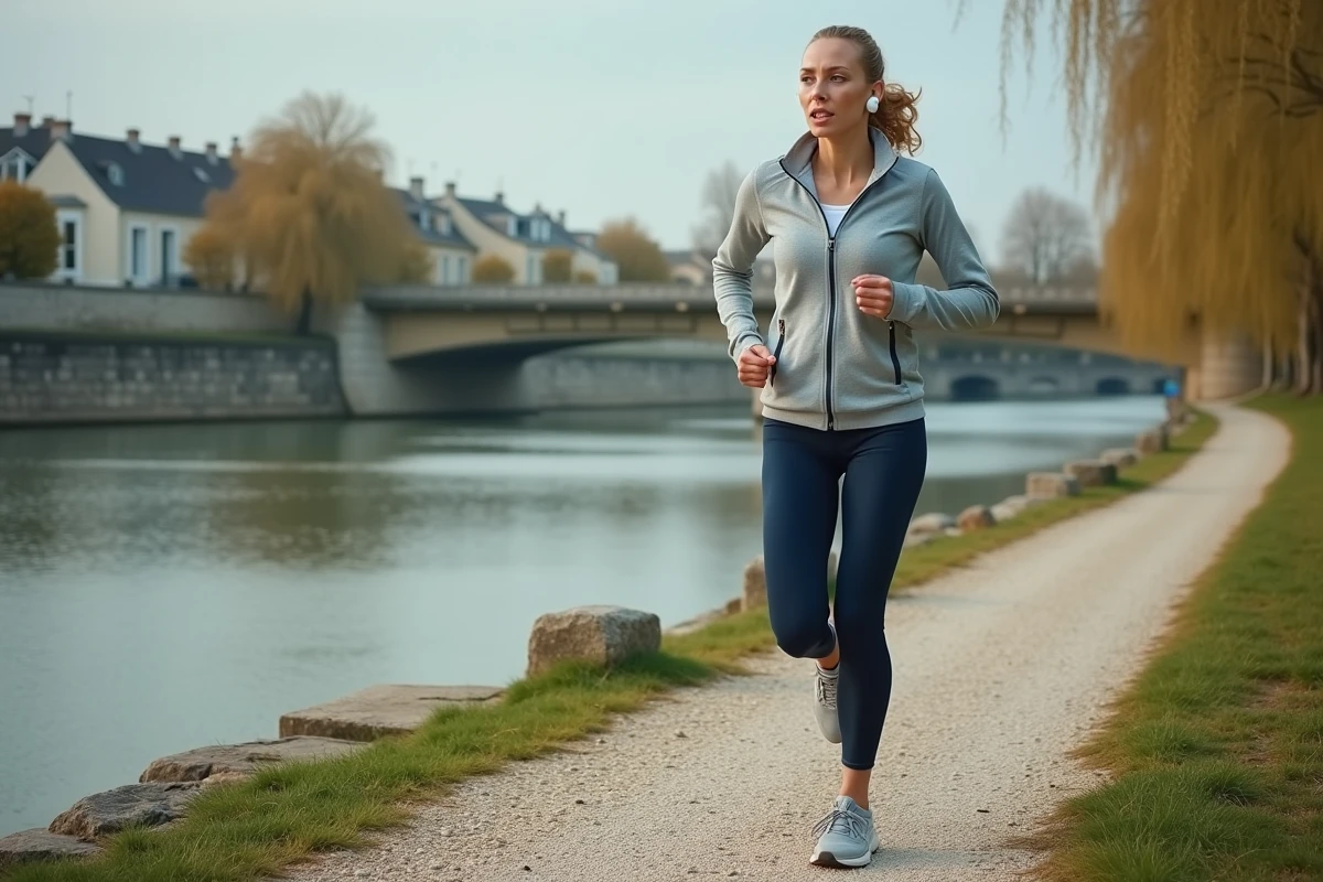 Joggeuse sur le chemin de bord de Seine dans un quartier résidentiel de Maisons-Laffitte