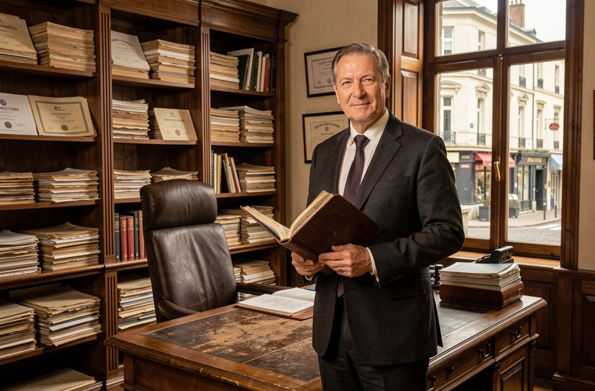 Professionnel immobilier de Lefeuvre Immobilier dans le bureau historique de l'agence à Nantes avec archives et mobilier ancien