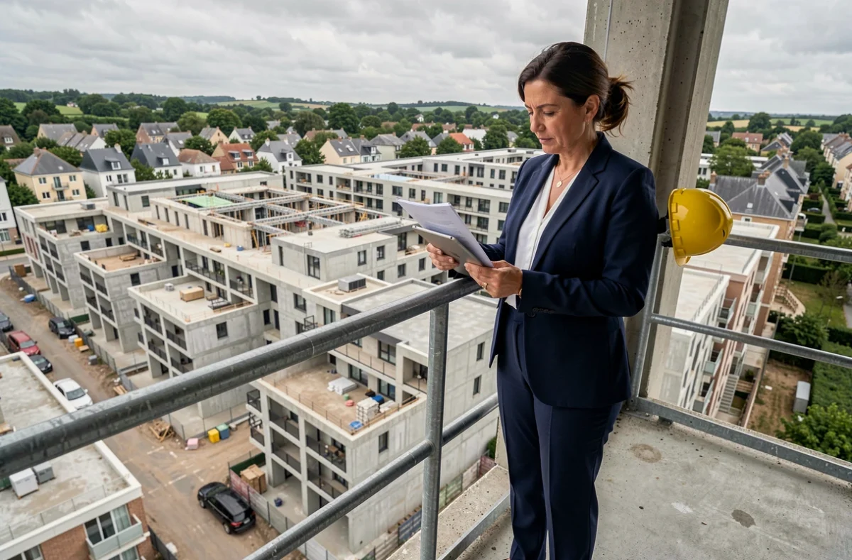 Promotrice immobilière sur un chantier résidentiel en Seine-Saint-Denis représentant Les Nouveaux Constructeurs