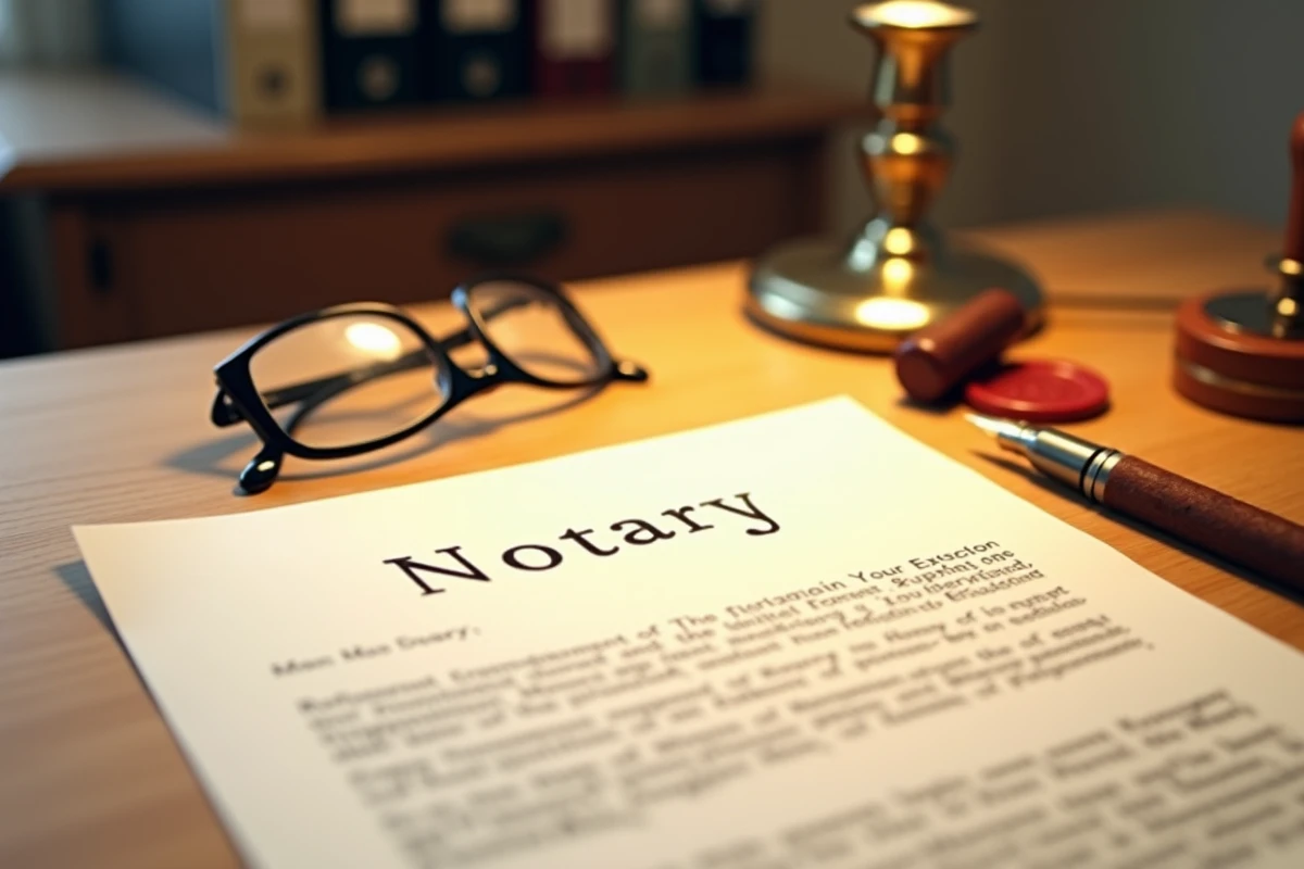 Lettre formelle adressée à un notaire avec stylo plume et cachet de cire sur un bureau en bois