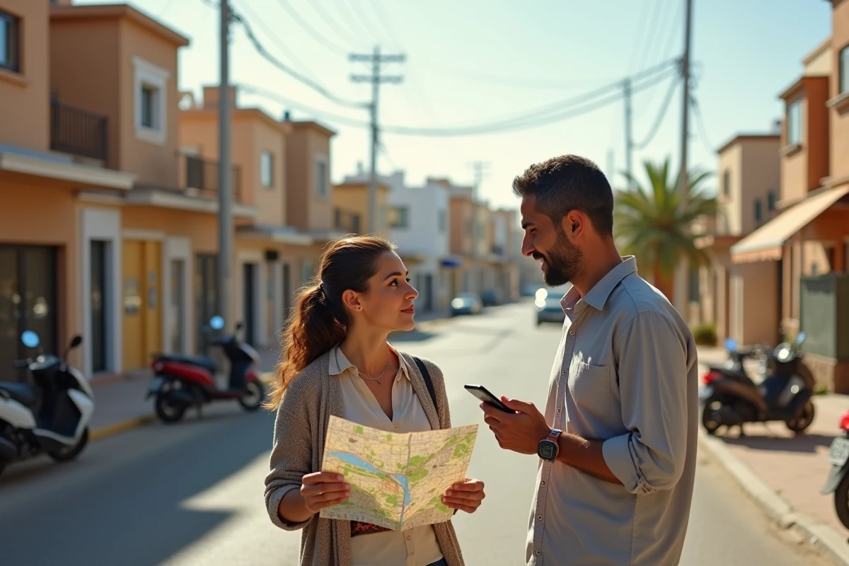 Un couple évalue la localisation et l'environnement d'un quartier résidentiel à Agadir avant l'achat d'un appartement
