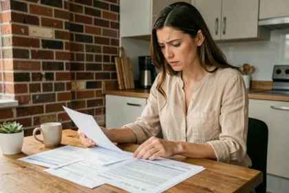 Locataire vérifiant son contrat d'assurance habitation à la table de sa cuisine dans un appartement moderne