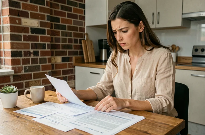 Locataire vérifiant son contrat d'assurance habitation à la table de sa cuisine dans un appartement moderne