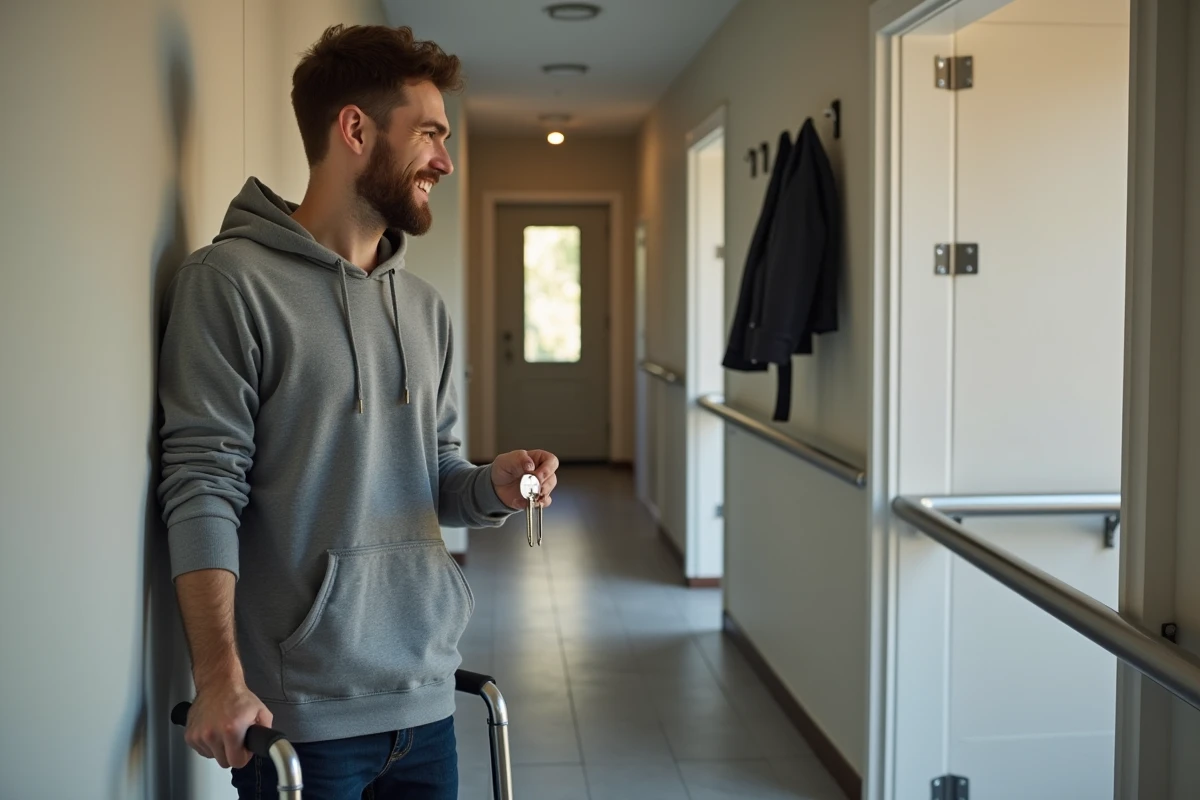 Locataire handicapé découvrant son appartement accessible, illustrant la location adaptée aux personnes en situation de handicap