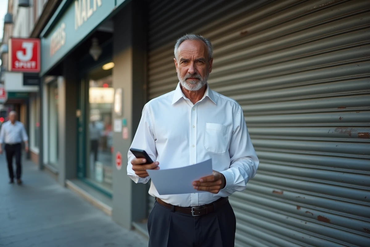 Locataire commercial devant un local fermé tenant une lettre de résiliation de bail