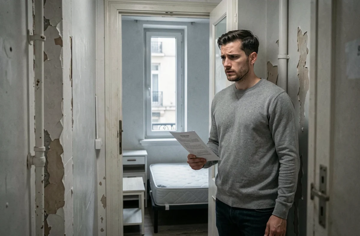 Locataire observant une petite chambre meublée de location dans un immeuble ancien avec bail en main